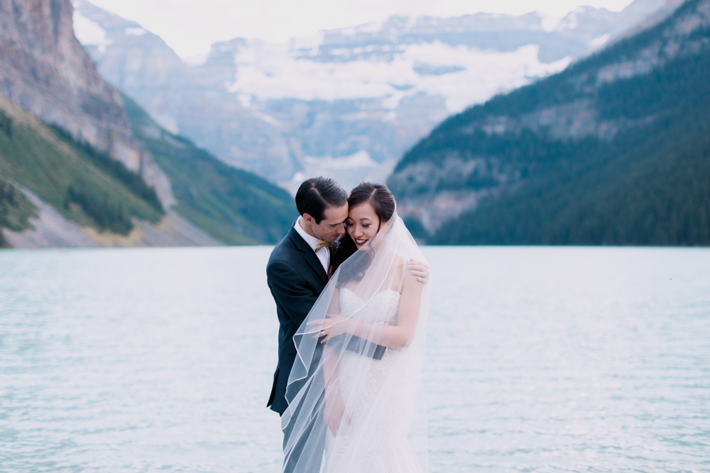 Chateau Lake Louise Wedding, bride and groom portrait, calgary photographers nicole sarah