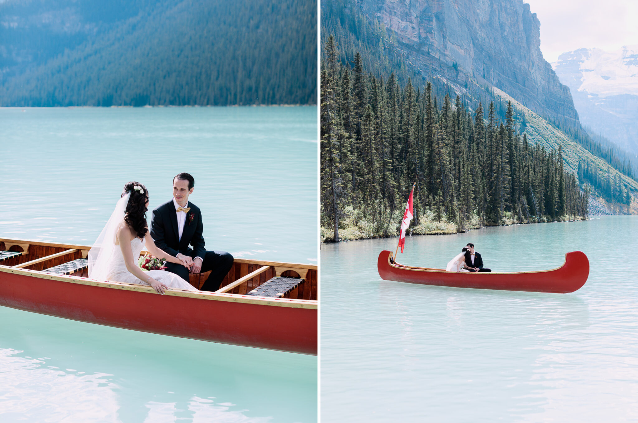 fairmont chateau lake louise wedding, chateau lake louise, canoe wedding, wedding lake louise, couple on a boat, wedding canoe