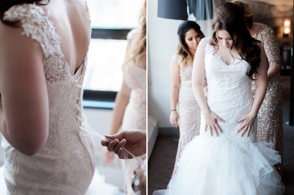 bride getting ready, wedding dress, bridesmaids tying dress, 
