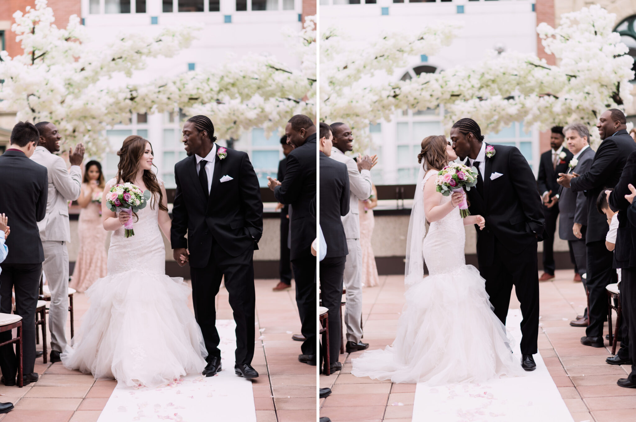 rooftop wedding, cherry blossoms, urban wedding photos, calgary wedding photographers, couple kissing