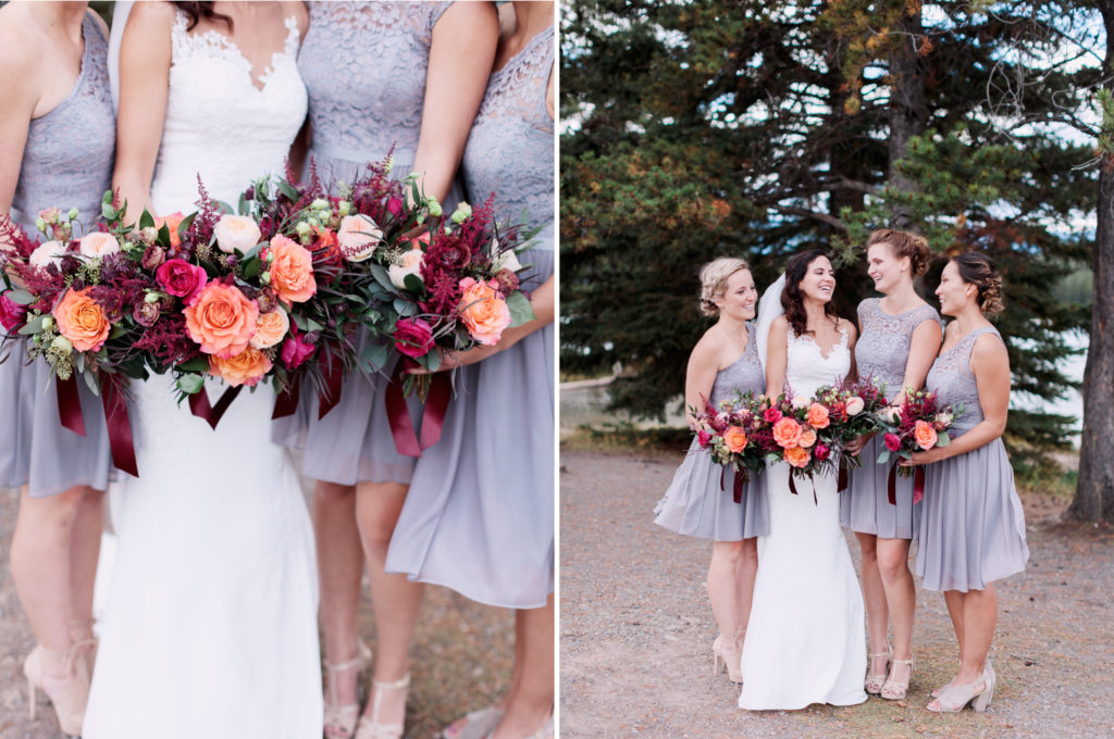 bridesmaids, banff, sunset photo, bridal bouquet, nicole sarah, calgary wedding photographers
