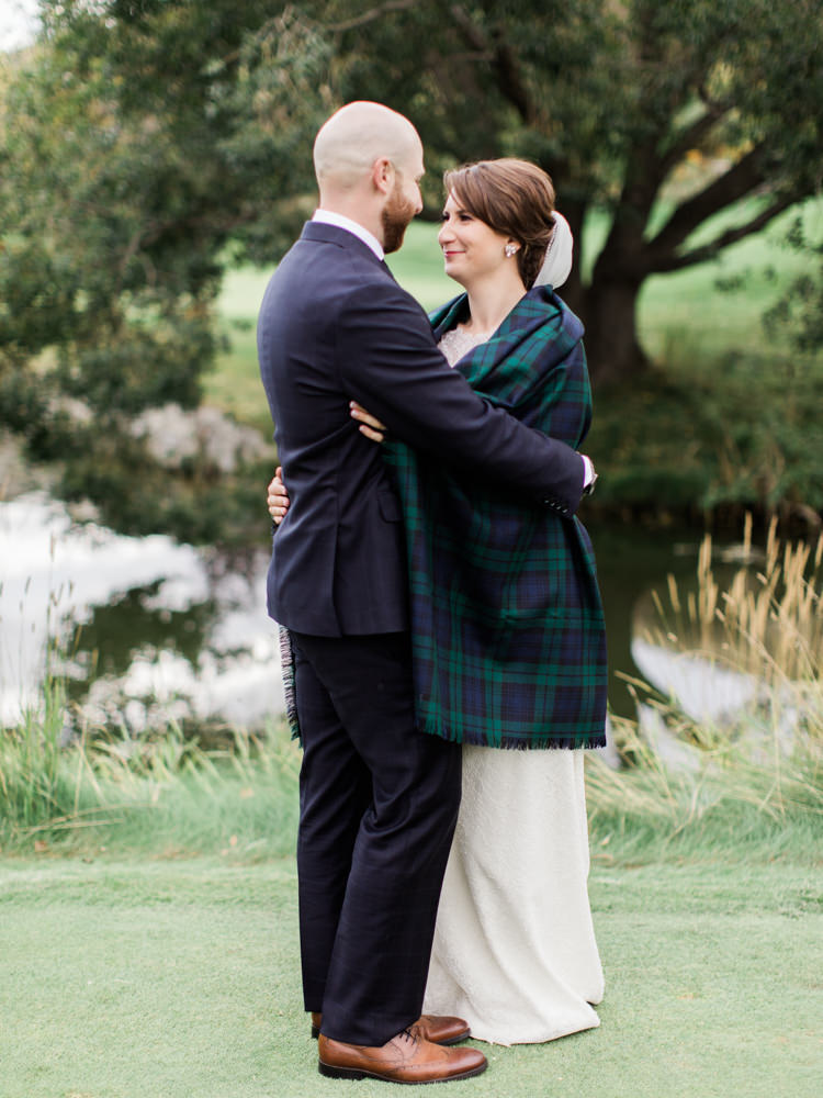 Scottish Wedding at Silver Springs Golf Course, scottish wedding, scottish wedding tartan, capped sleeve wedding gown, cap sleeve wedding dress, film wedding photographer, first look photos, fall scottish wedding, bride and groom sunset poses, traditional scottish wedding, golf course wedding pictures