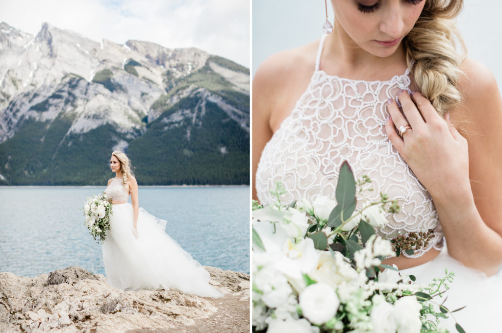 canmore wedding photographer, banff wedding photographer, calgary wedding photographer, crop top wedding dress, mountain wedding, film wedding, outdoor mountain wedding ceremony, large flower bouquet, navy groom suit, sage bridesmaid gowns, groom crying, bridesmaids laughing, bridesmaid inspiration, powder blue bridesmaid gown, two piece bride gown, tulle skirt, watters skirt, theia skirt, beaded crop top, summer wedding, mountainscape wedding, romantic rocky mountain wedding, love in the rockies, tacori oval ring, the mrs. box pink