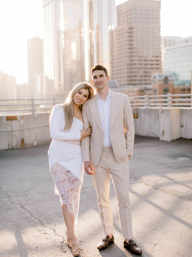 Downtown Calgary Rooftop Engagement Session, downtown engagement, rooftop engagement session, modern engagement, santa monica engagement, new york engagement, los angeles engagement photography, LA wedding photographer, calgary sunset engagement, nicole sarah, white engagement dress, tom ford tan suit, tom ford suit, stylish engagement, engagement wardrobe ideas, engagement outfits