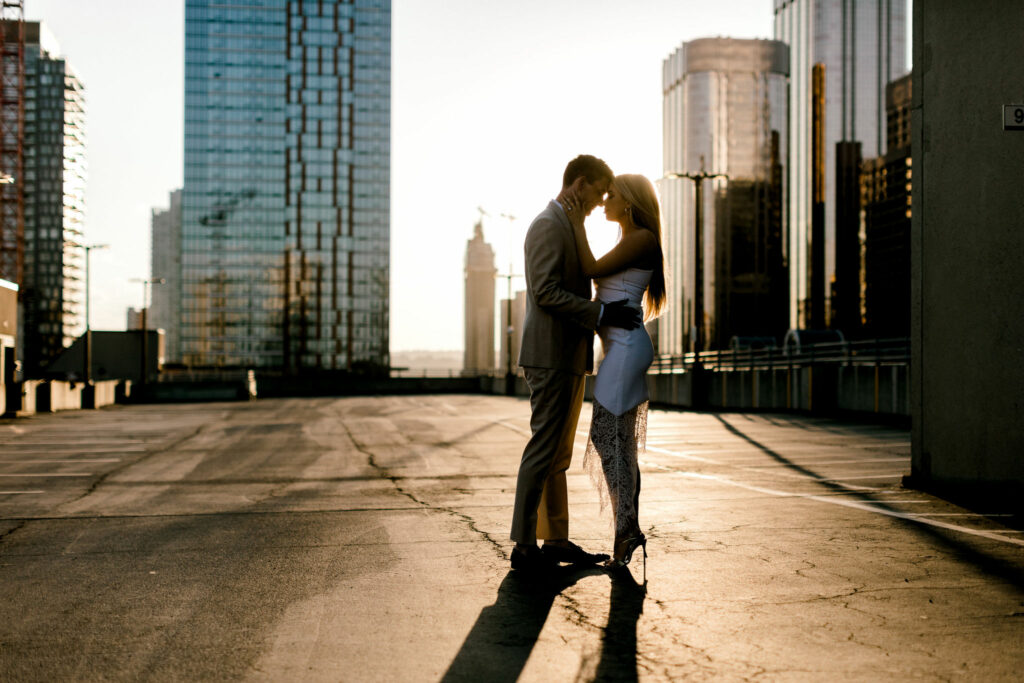 Downtown Calgary Rooftop Engagement Session, downtown engagement, rooftop engagement session, modern engagement, santa monica engagement, new york engagement, los angeles engagement photography, LA wedding photographer, calgary sunset engagement, nicole sarah, white engagement dress, tom ford tan suit, tom ford suit, stylish engagement, engagement wardrobe ideas, engagement outfits
