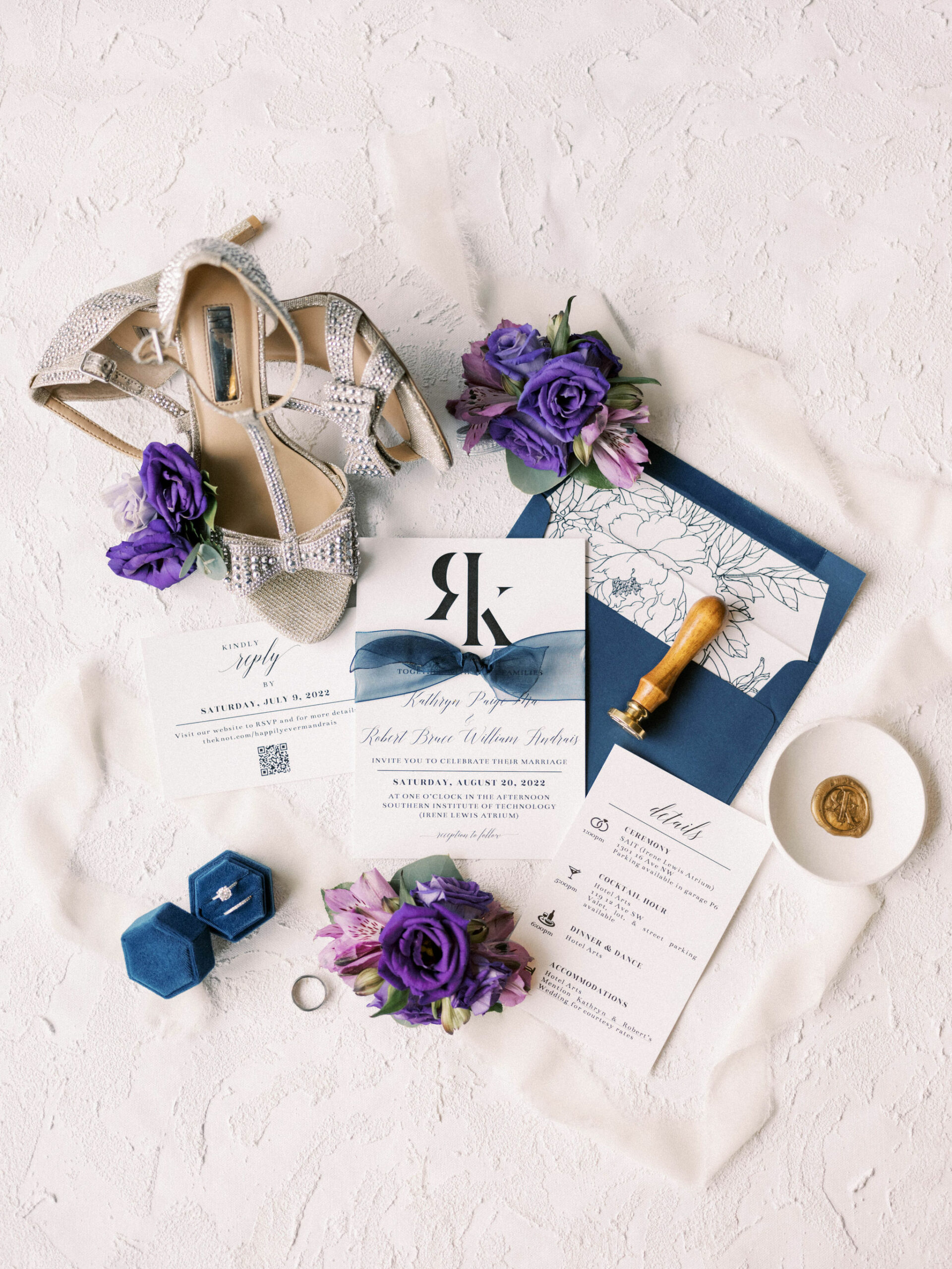 purple wedding, jewel toned wedding ideas, jewel tone wedding, wedding flat lay, wedding invitation suite, flat lay inspiration, SAIT wedding venue Calgary