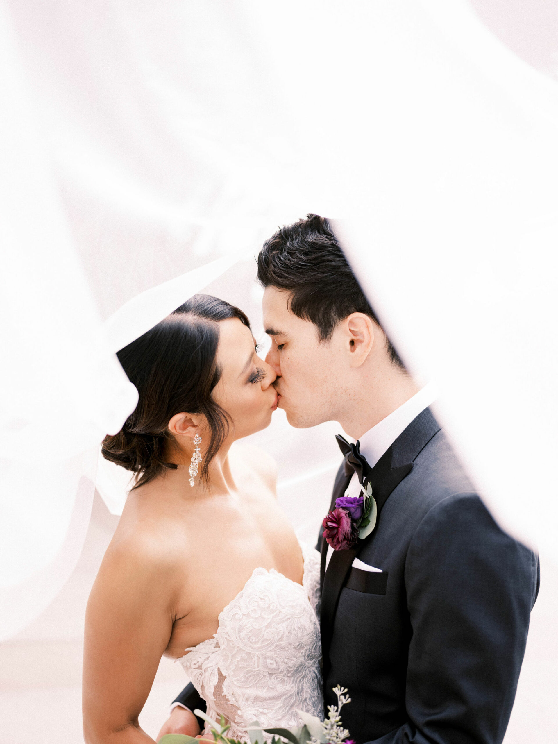 groom kissing bride's cheek, veil photo, bride groom veil, bride veil shot, stunning veil photos