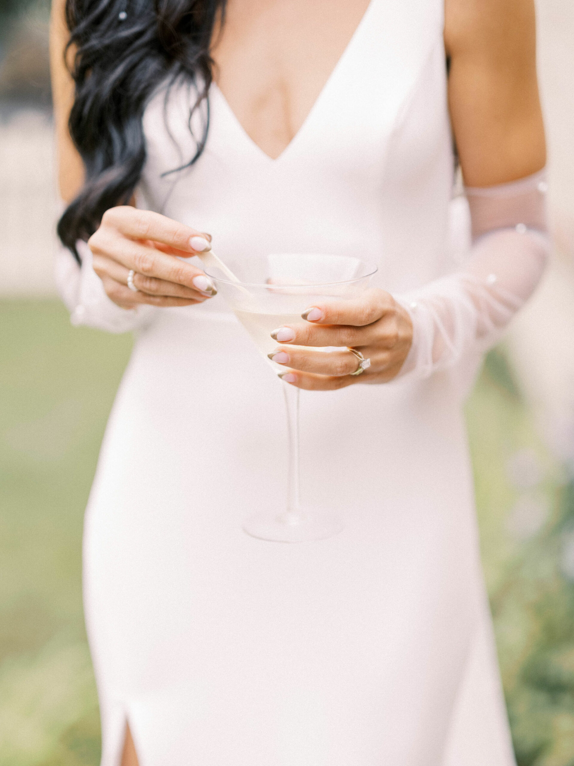 bride martini, wedding martini, gold tip nails, pearl wedding gloves