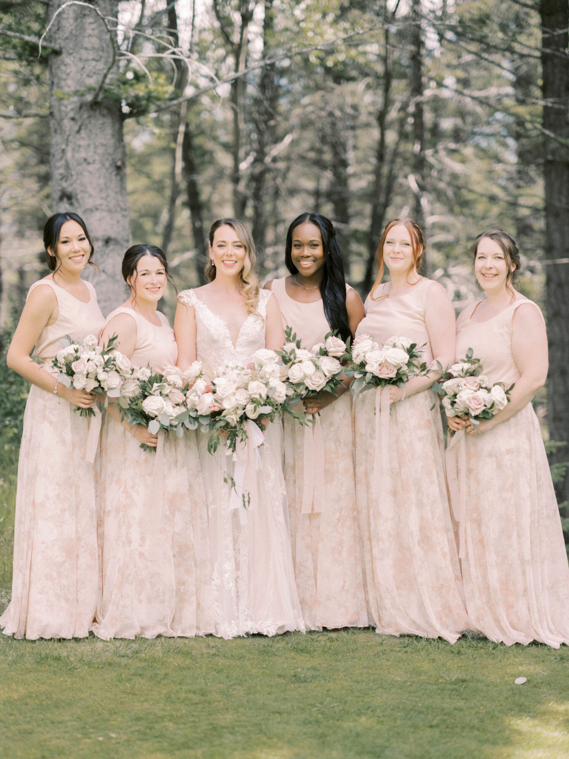 blush wedding dress, blush bridesmaid gowns, floral bridesmaid gowns, monique lhuillier, pink bridesmaid, floral skirt, peach wedding, summer bridesmaid inspiration