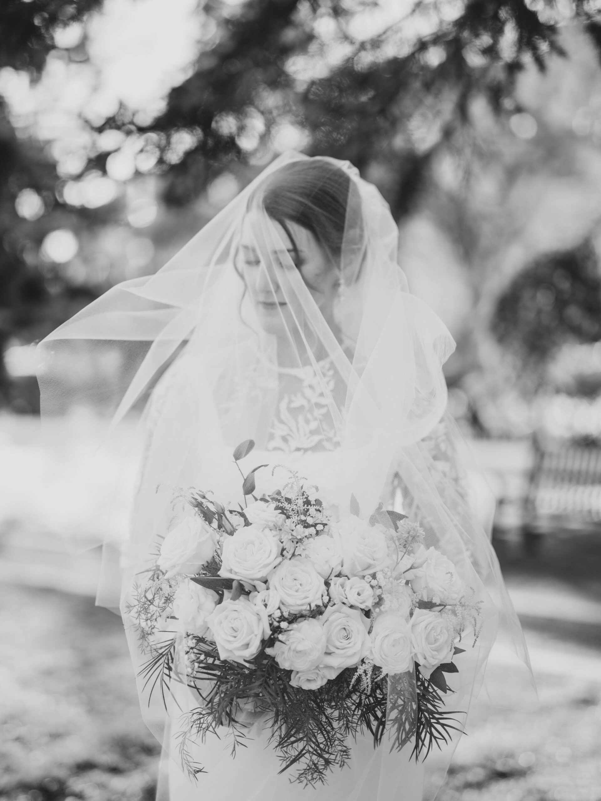 What to do if you are sick on your wedding day, black and white bridal photo, couture bride, veil over bride face, film photographers, nicole sarah, fine art film photography