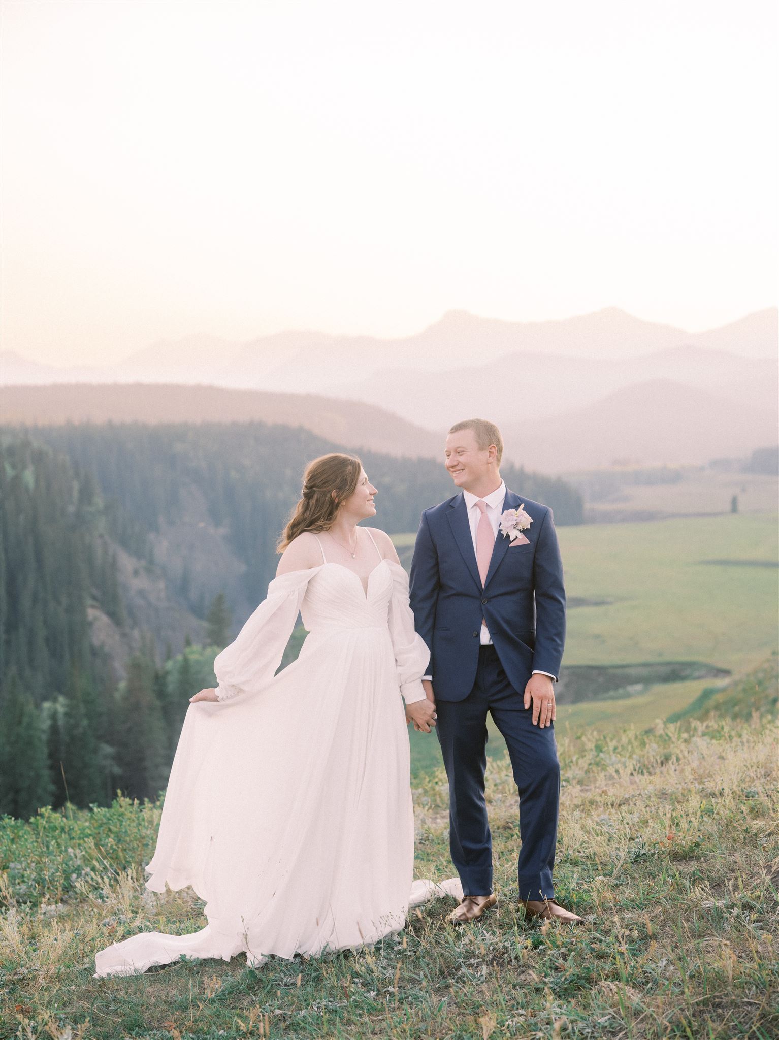 monique lhuillier dress, mountain elopement, canyon elopement, sunset valley wedding, valley wedding portraits, film wedding photographers