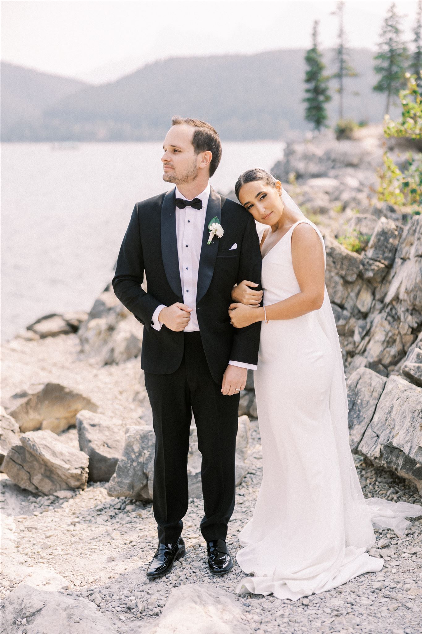 lake minnewanka wedding, mountain wedding photos, banff lake wedding, blue lake banff wedding photos, bride groom editorial