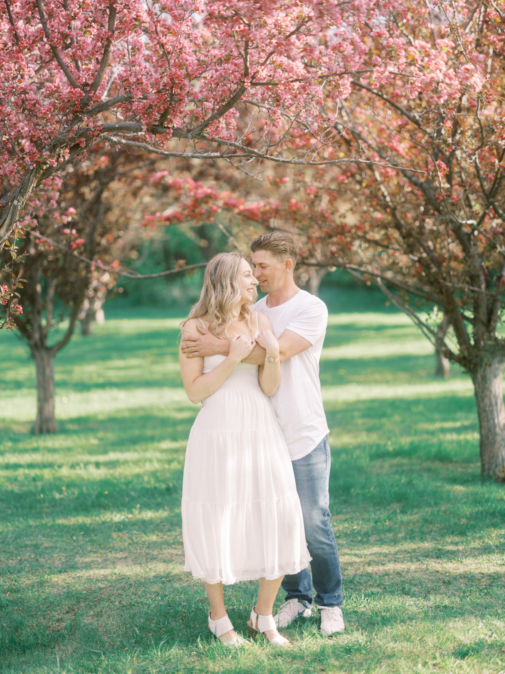 Cherry Blossom Spring Engagement Session, river engagement couple laughing, couple embracing, engagement pose sunset, sunset engagement photos, labrador retriever engagement photos, dog engagement session, puppy engagement session, alberta wedding photographers, alberta photographer, calgary wedding, calgary wedding photographer, spring engagement session, spring photos, nicole sarah, cherry blossom photos, cherry blossom engagement, wedding poses, white dress engagement, sundress white, engagement photos, bow river, puppy engagement photos, neutral engagement photos