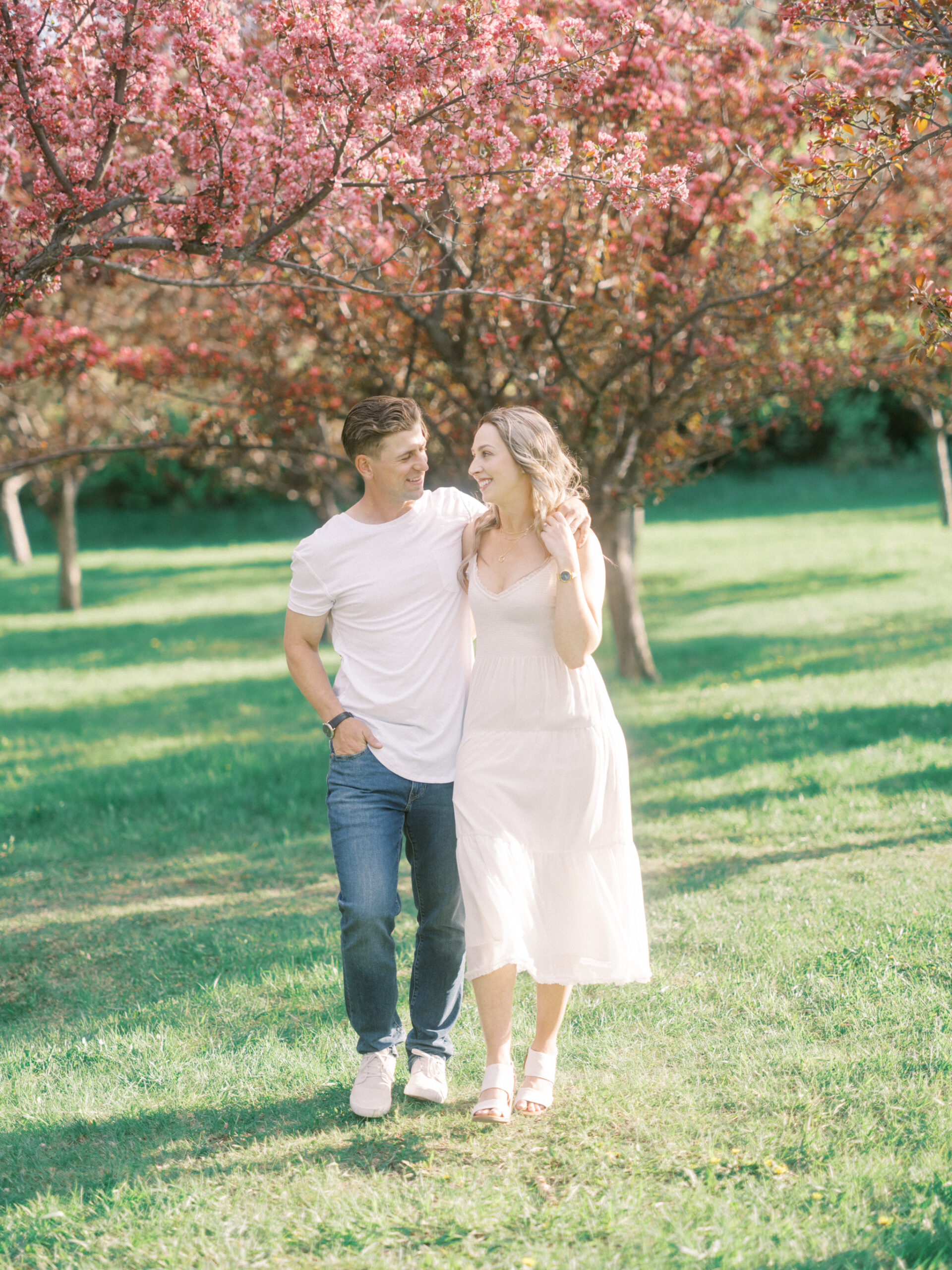 Cherry Blossom Spring Engagement Session, river engagement couple laughing, couple embracing, engagement pose sunset, sunset engagement photos, labrador retriever engagement photos, dog engagement session, puppy engagement session, alberta wedding photographers, alberta photographer, calgary wedding, calgary wedding photographer, spring engagement session, spring photos, nicole sarah, cherry blossom photos, cherry blossom engagement, wedding poses, white dress engagement, sundress white, engagement photos, bow river, puppy engagement photos, neutral engagement photos