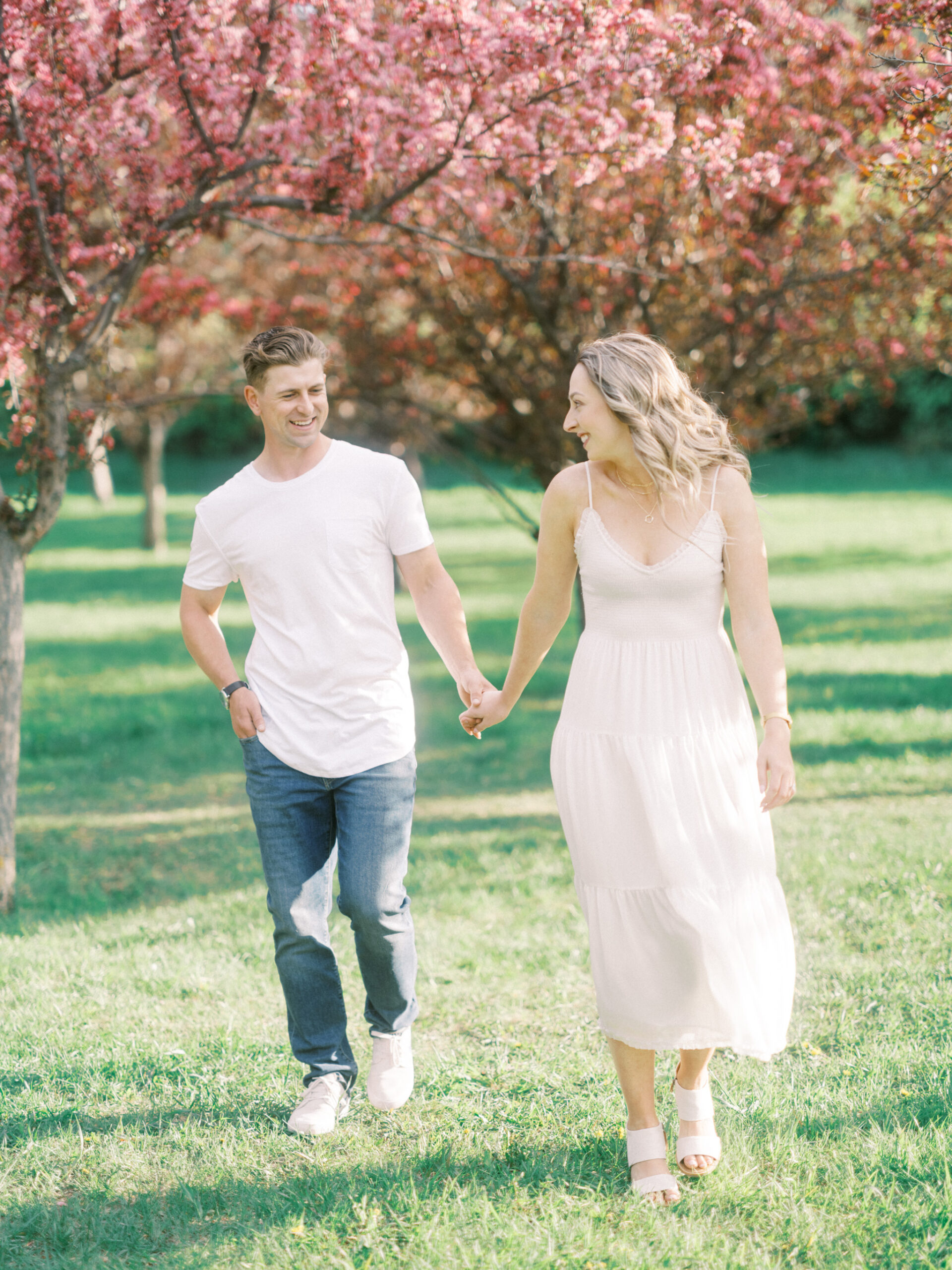 Cherry Blossom Spring Engagement Session, river engagement couple laughing, couple embracing, engagement pose sunset, sunset engagement photos, labrador retriever engagement photos, dog engagement session, puppy engagement session, alberta wedding photographers, alberta photographer, calgary wedding, calgary wedding photographer, spring engagement session, spring photos, nicole sarah, cherry blossom photos, cherry blossom engagement, wedding poses, white dress engagement, sundress white, engagement photos, bow river, puppy engagement photos, neutral engagement photos