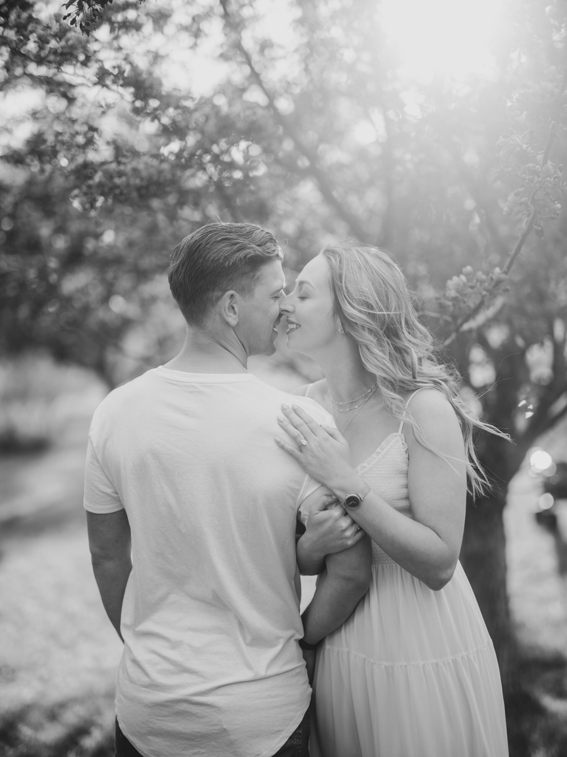 Cherry Blossom Spring Engagement Session, river engagement couple laughing, couple embracing, engagement pose sunset, sunset engagement photos, labrador retriever engagement photos, dog engagement session, puppy engagement session, alberta wedding photographers, alberta photographer, calgary wedding, calgary wedding photographer, spring engagement session, spring photos, nicole sarah, cherry blossom photos, cherry blossom engagement, wedding poses, white dress engagement, sundress white, engagement photos, bow river, puppy engagement photos, neutral engagement photos