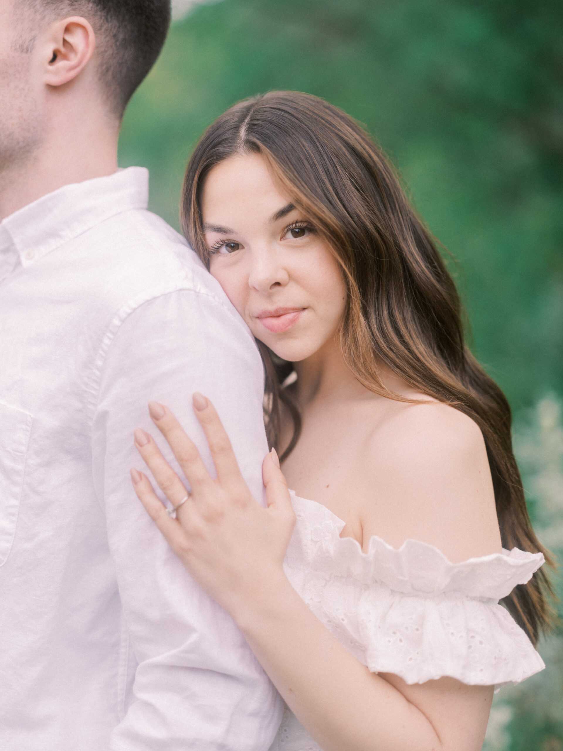 Riverside calgary engagement, forest engagement, bride in white ruffled dress engagement, groom and bride sitting by the river, bride and groom standing in river, standing in sunset forest, nicole sarah, calgary wedding photographers, fish creek park engagement