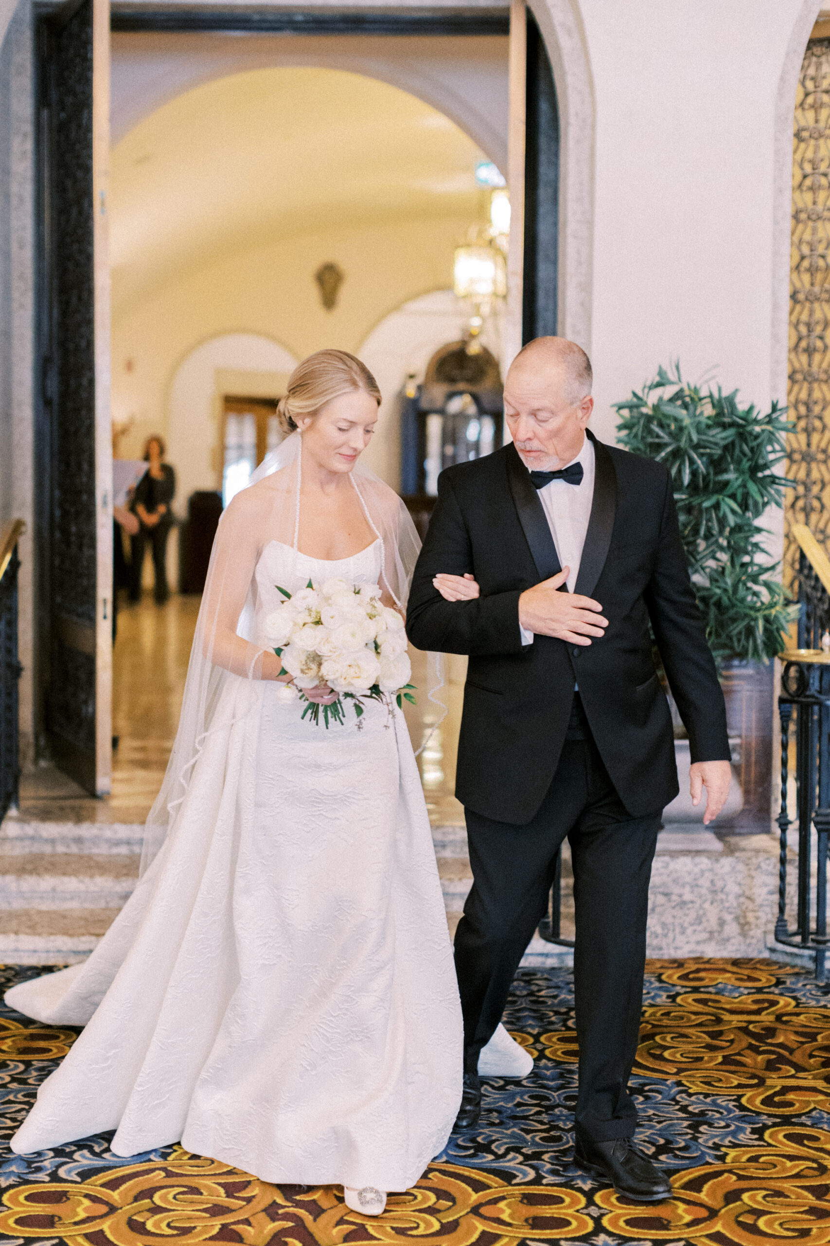 father walking bride down aisle, fairmont banff springs wedding, luxury wedding, destination wedding photographer nicole sarah, ralph lauren polo bar wedding, winter wedding, mountain wedding, rocky mountain weddings