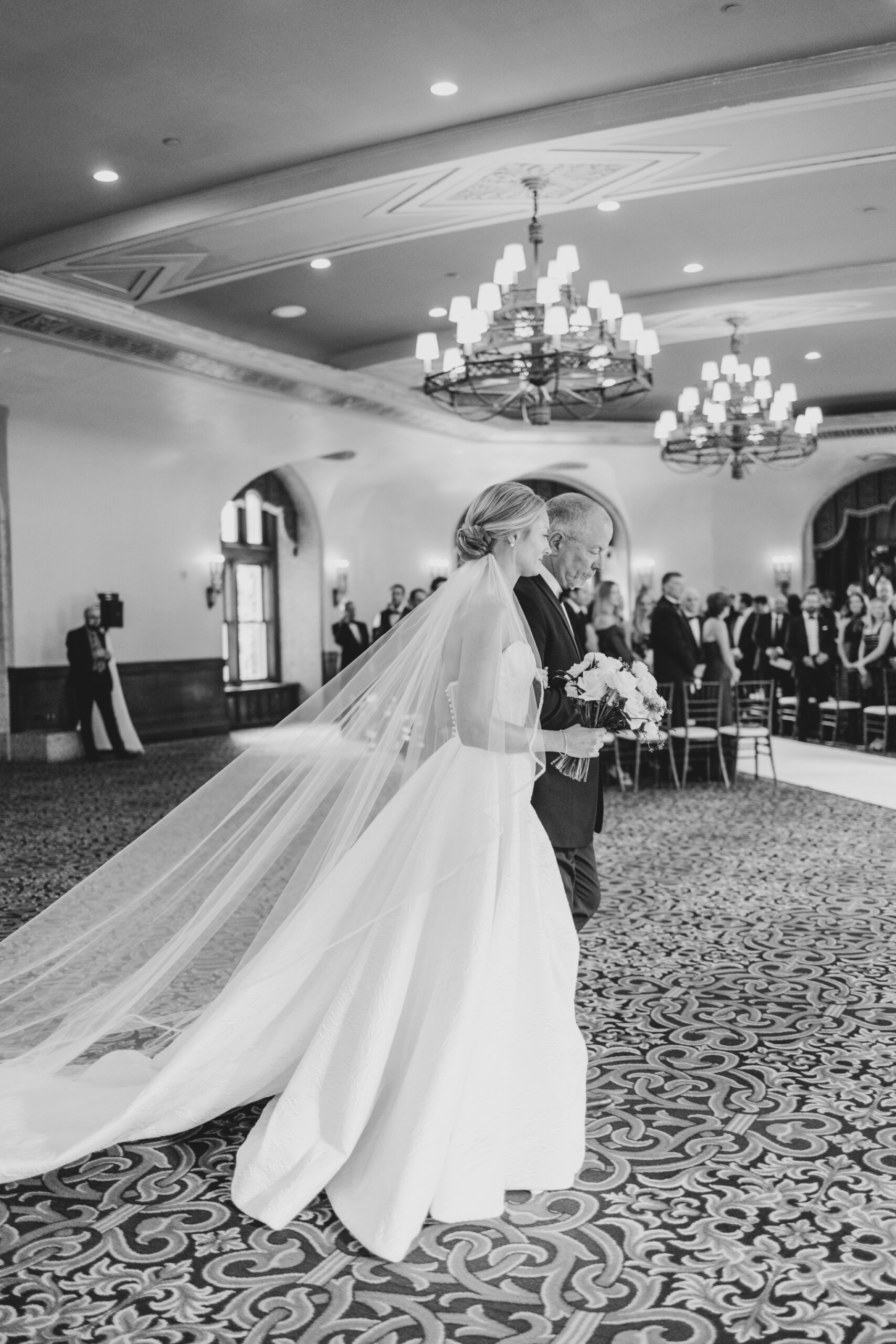 father walking bride down aisle, fairmont banff springs wedding, luxury wedding, destination wedding photographer nicole sarah, ralph lauren polo bar wedding, winter wedding, mountain wedding, rocky mountain weddings