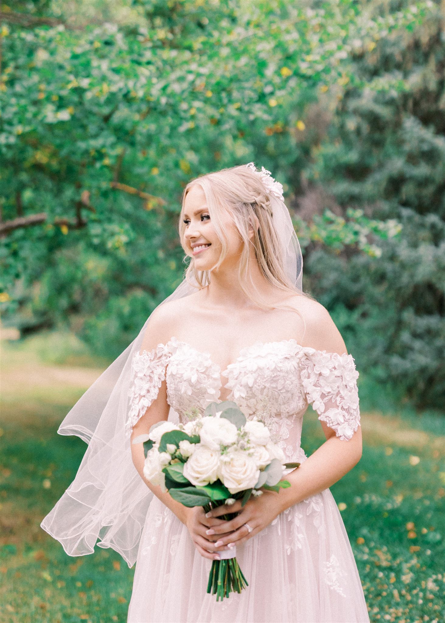 Waterfront Park Summer Calgary Wedding, lace wedding dress, nicole sarah, film wedding photography, film wedding photos, luxury wedding photographer calgary, romantic wedding portraits, alberta wedding photographers, lush greenery wedding photography, bride groom poses