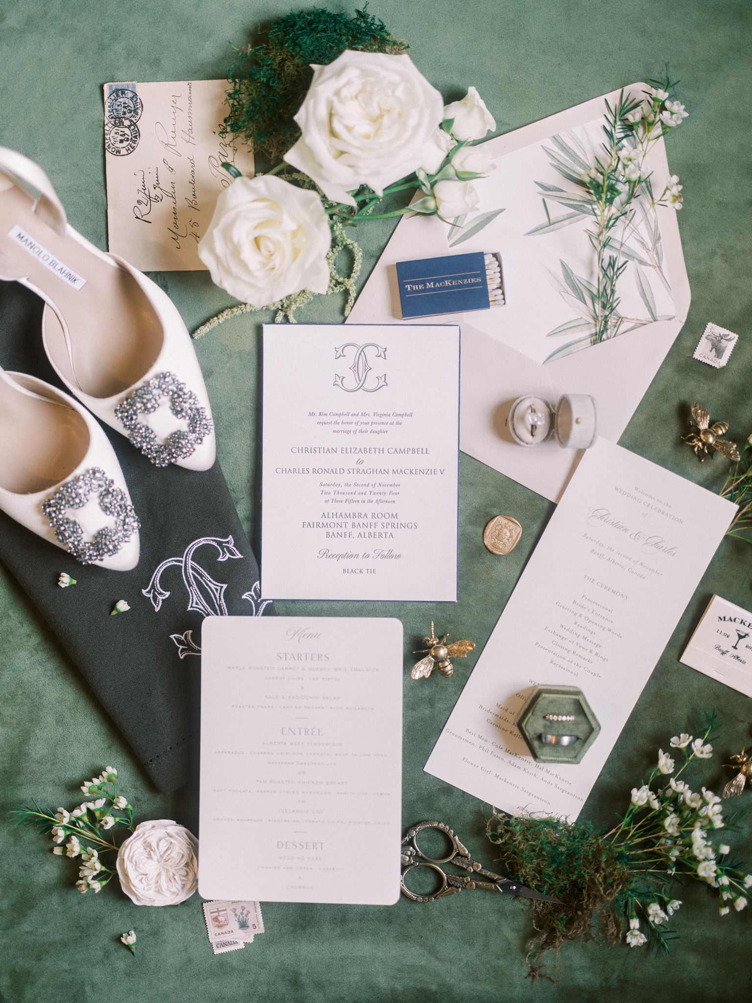 wedding photography flat lay, old money wedding ideas, old money wedding invitation, jimmy choo wedding shoes, monogram wedding invitation, green wedding theme invitations