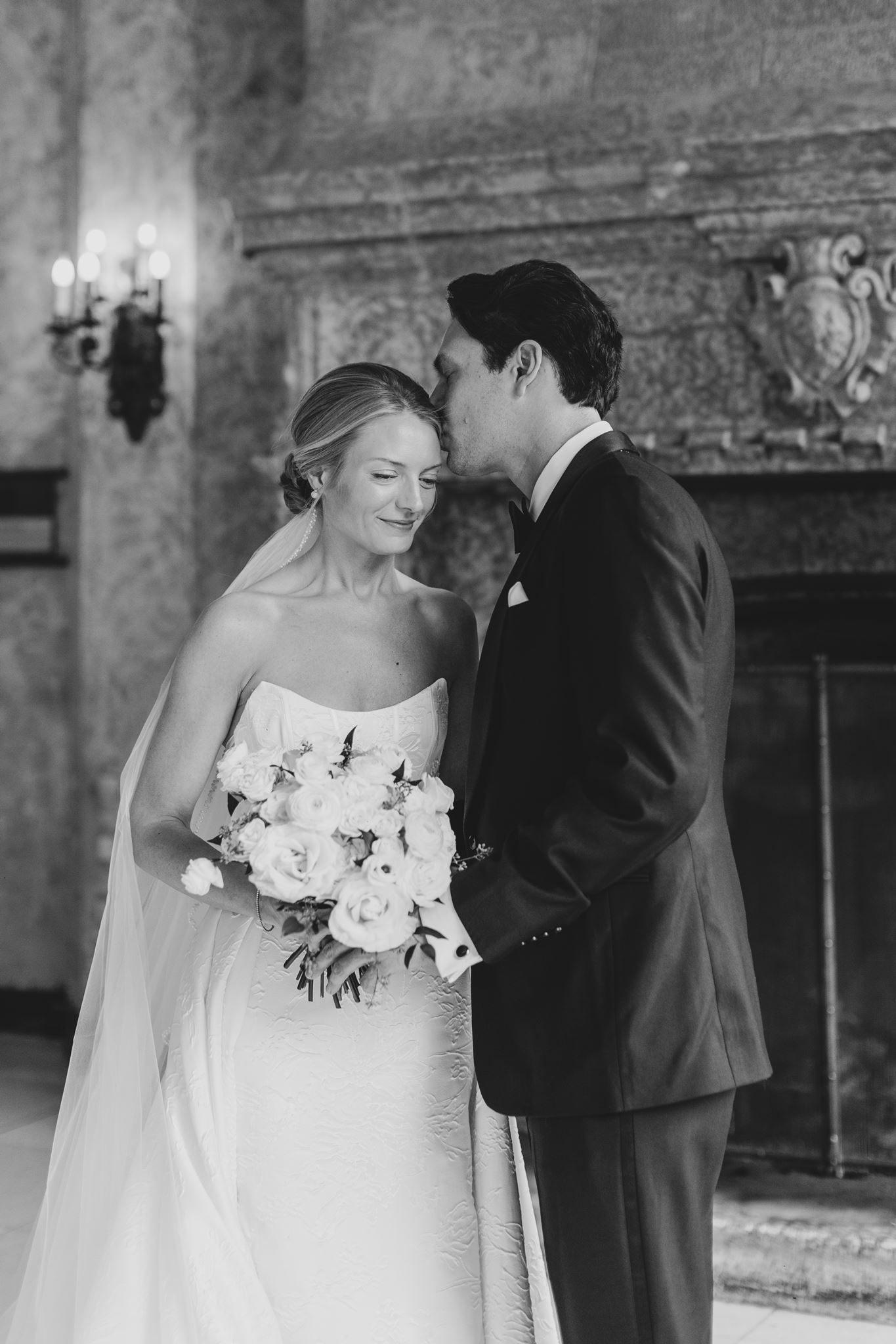 bride and groom embracing black and white, glowing black and white wedding portrait, fairmont banff wedding portrait ideas